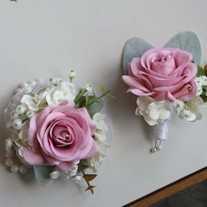 Real Touch Dusty Pink Rose Wrist Corsage, Wedding Boutonniere & Wedding Corsage, Wedding Homecoming Prom Corsage