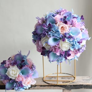Light Blue Purple And Pink Rustic Bride Bouquet, Real Touch Roses, Real Touch Blue Purple Orchids, Lavender Flowers, Silk Wedding Bouquet