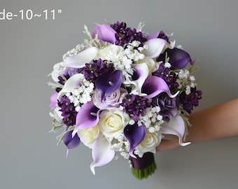 Faux Lilac Purple Wedding Bouquets, Faux Real Touch Calla Lilies, Roses, Lilacs, Artificial Flowers Bridal Bridesmaids Bouquets, Boutonieres