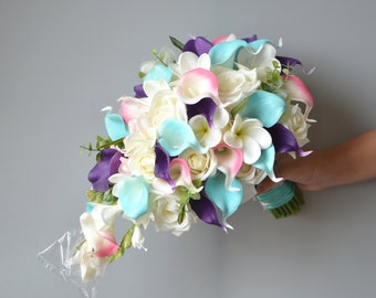 Turquoise Pink Bridal Bouquets, Beach Wedding Bouquets, Real Touch Calla Lilies, Rose, Orchids, Boutonnieres, Bridesmaids Bouquets