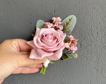 Faux Real Touch Dusty Pink Rose Boutonniere, Corsage, Wedding Boutonniere & Wedding Corsage, Wedding Homecoming Prom Corsage