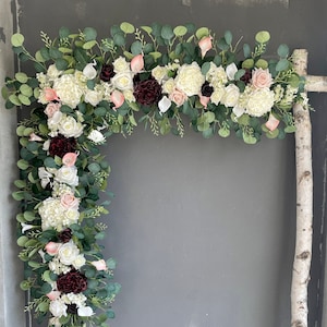 Artificial Flowers White Burgundy And Blush Wedding Archway Flower, Wedding Corner Swag, Rustic Wedding Backdrop, Wedding Arch Flowers Decor