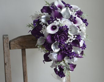 Faux Silver Purple Flowers Cascading Bridal Bouquet, Plum Bridesmaids Bouquet, Real Touch Calla Lily, Rose, Handmade Bouquet/Corsages