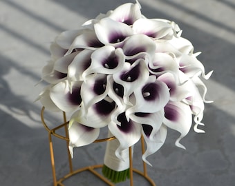 Real Touch Picasso Calla Lily Bridal Bouquet, Plum White Wedding Flowers