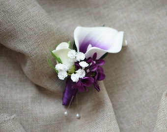 Faux Purple Picasso Boutonnieres, Calla Lily Groom Boutonnieres, Real Touch Calla Lilies, Mother Corsage, Baby's Breath