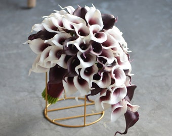 Fake Dark Burgundy Bridal Bouquets, Dark Wine Real Touch Calla Lilies, Dark Red Wedding Bouquets, Picasso Burgundy Calla Lilies, Boutonniere