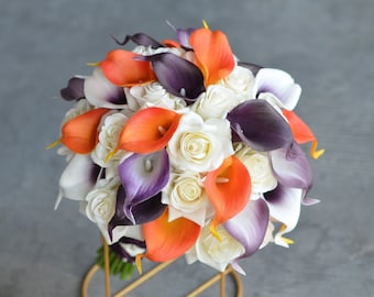 Real Touch Calla Lilies Bridal Bouquet, Ivory Roses, Orange Purple