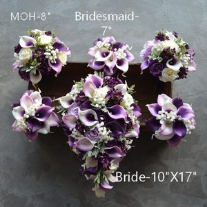 Fake Rustic Purple Bridal Bouquets, Wedding Bouquets, Real Touch Calla Lilies, Ivory White Roses, Baby's Breath, Purple Lilacs, Boutonniere