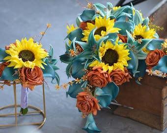 Artificial Yellow Sunflowers, Teal Bridal Bouquet, Burnt Orange Roses, Teal Calla Lilies, Teal Tiger Lilies, Fall Autumn Wedding Flowers