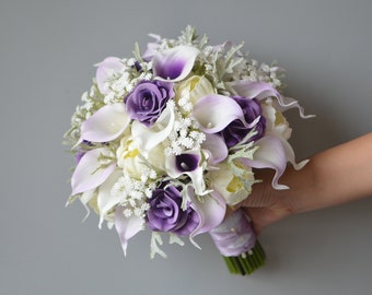 Faux Purple Ivory Bridal Bouquets, Rustic Silk Bridal Bouquet, Real Touch Calla Lilies, Ivory White Roses, Baby's Breath, Plum Bouquet