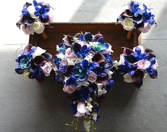 Navy Burgundy Wedding Bouquet, Real Touch Calla Lilies, Silk Roses