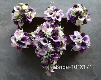 Fake Rustic Purple Bridal Bouquets, Wedding Bouquets, Real Touch Calla Lilies, Ivory White Roses, Baby's Breath, Purple Lilacs, Boutonniere