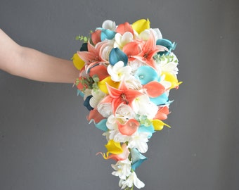 Teal Coral Cascading Bridal Bouquet, Real Touch Calla Lilies Plumerias