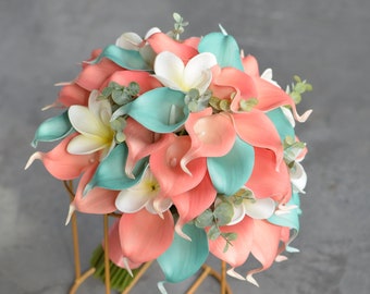 Coral Pink Turquoise Bridal Bouquets, Real Touch Calla lilies, White Plumerias, Coral Beach Bridesmaids Bouquets, Turquoise Boutonnieres