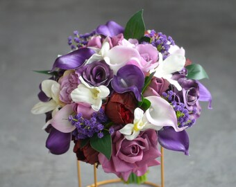 Lilac Purple Wedding Bouquets, Real Touch Calla Lilies, Roses, White Orchids, Purple Baby's Breath, Plum Bridesmaids Bouquets, Boutonieres