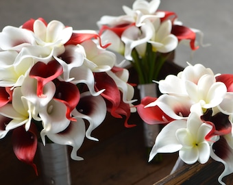 Dark Red Calla Lily Bridal Bouquet, White Plumeria Wedding Flowers