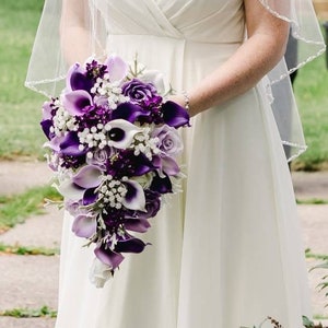 Faux Purple Bridal Bouquets, Rustic Silk Bridal Bouquet, Real Touch Purple Calla Lilies, Ivory White Roses, Baby's Breath