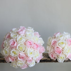 Real Touch Cream White & Baby Pink Roses Bridal Bouquet, Faux Flowers Wedding Bouquets, Light Pink Bridesmaids Bouquet, Boutonniere, Corsage
