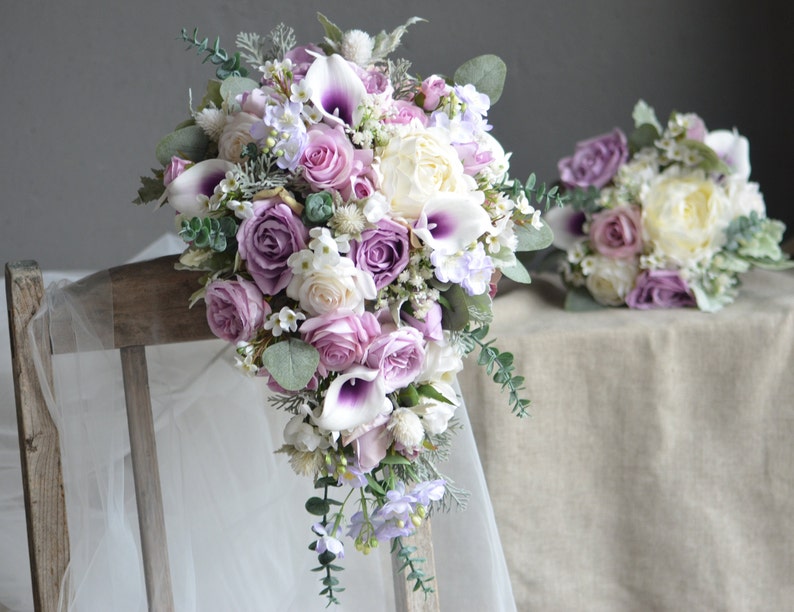 Fake Flowers Bridal Bouquets Dusty Lilac Mauve Cascading Etsy
