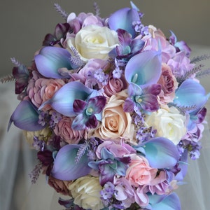 Light Purple Blue Pink Wedding Bouquet, Real Touch Fake Flowers ...