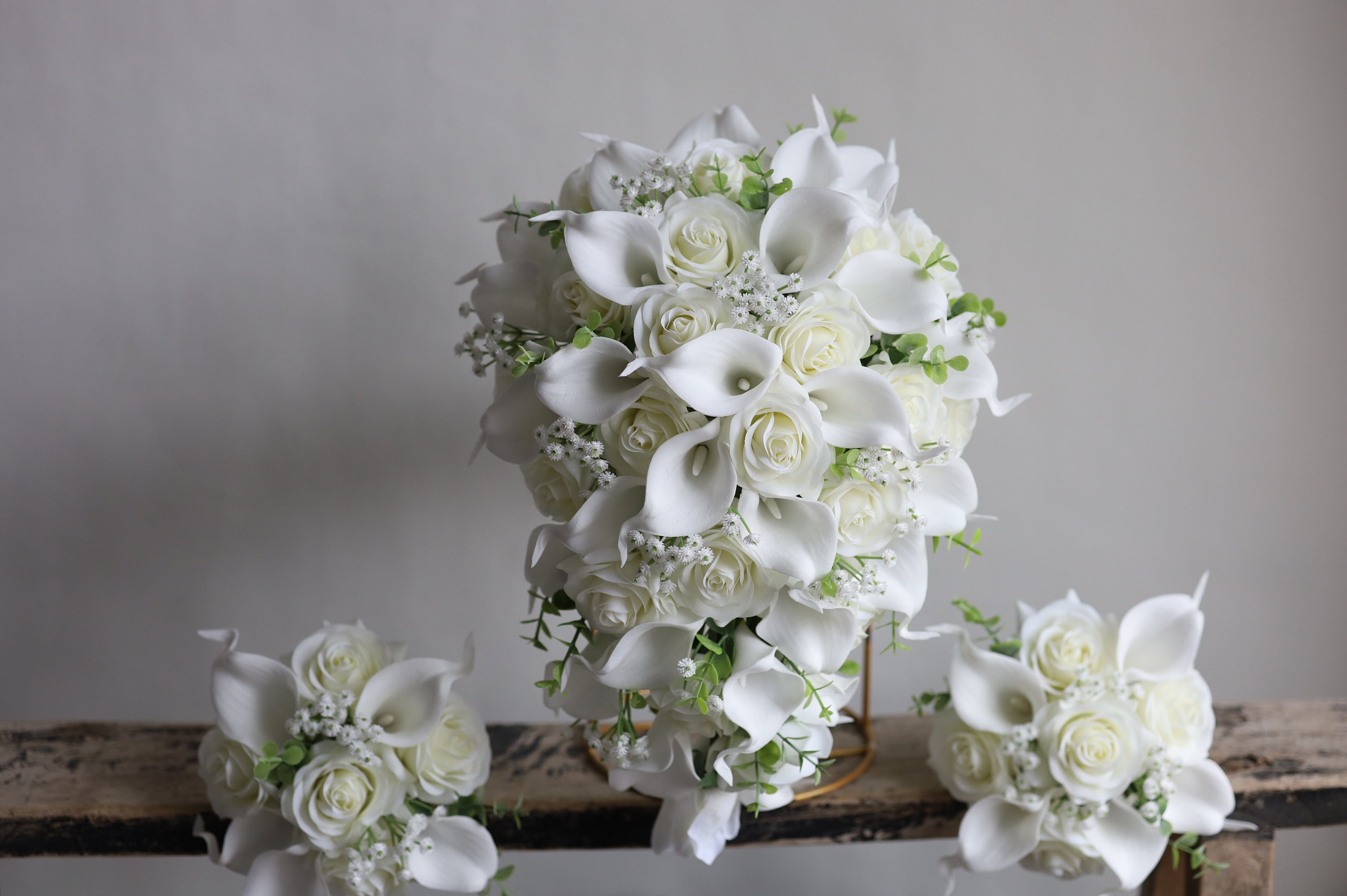 Faux Cream White Roses Wedding Bouquet, White Calla Lilies, Baby's