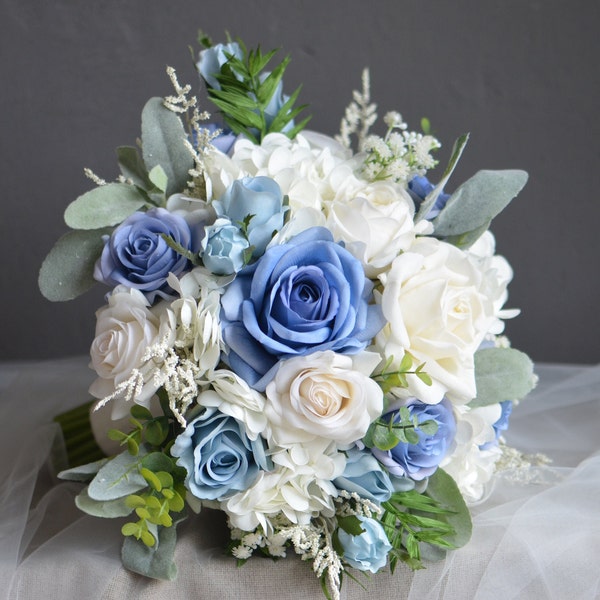 Fake Dusty Blue Flowers Wedding Bouquet, Pale Blue Ivory Bridal Bouquet, Real Touch Roses, White Bridesmaids Bouquets, Boutonniere Corsage