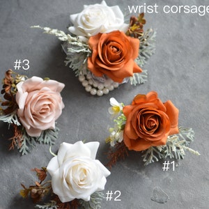 Fake Burnt Orange Rose Boutonnieres, Dusty Pink White Wedding Boutonnieres & Wedding Wrist Corsages, Fall Color Homecoming Prom Corsage