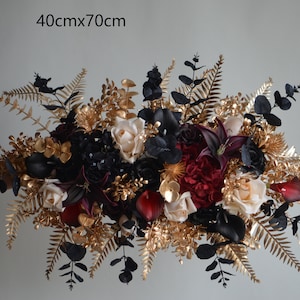 Burgundy Black Gold Beige Bridal Bouquet, Faux Real Touch Flowers, Fall wedding Halloween Wedding, Deep Purple Black Wedding Bouquet one arch-40cmx70cm