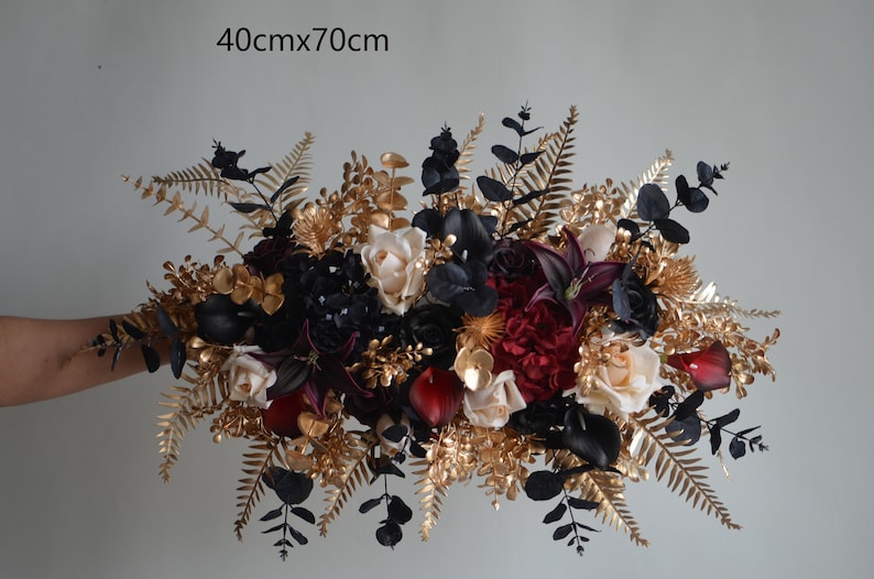 Burgundy Black Gold Beige Bridal Bouquet, Faux Real Touch Flowers, Fall wedding Halloween Wedding, Deep Purple Black Wedding Bouquet one arch-40cmx70cm