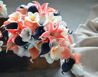 Coral Navy Bridal Bouquet, Real Touch Calla Lilies, Plumerias, Roses, Shells