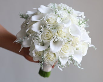 Bouquet de mariée roses imitation ivoire, bouquets de mariage lys calla, bouquets de perles, boutonnières crème, corsage de poignet, demoiselles d'honneur