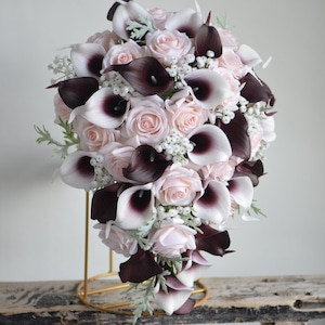 Faux Flowers Dark Burgundy Blush Ivory Wedding Bouquet, Rustic Boho Bouquet, Bridal Bridesmaids Bouquet, Real Touch Roses, Calla Lilies
