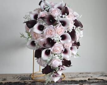Dark Burgundy Calla Lilies Wedding Bouquet, Blush Ivory Roses, Boho Bridal