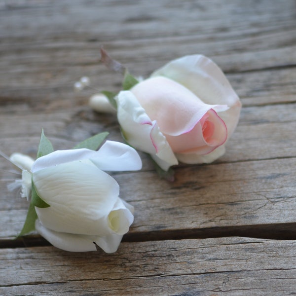 Rosebud Boutonnieres, White Boutonniere, Blush Rosebud Wedding Boutonniere & Wedding Corsage, Prom Corsage, Ivory Ribbon