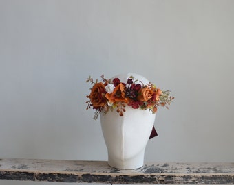 Terracotta Burgundy Flowers crown, Burnt Orange Wedding Floral Comb, Autumn Bridal Crown, Fall Bohemian Crown, Dainty Floral Crown