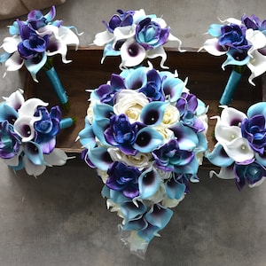 Blue Purple Bridal Bouquets, Rustic Silk Bridal Bouquet, Real Touch Calla Lilies, Ivory White Roses, Orchids Bouquets, Bridesmaids Bouquets