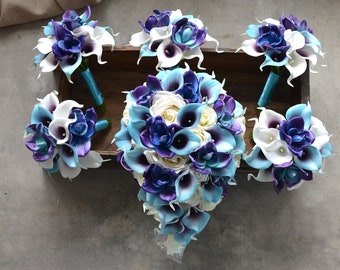 Blue Purple Bridal Bouquets, Rustic Silk Bridal Bouquet, Real Touch Calla Lilies, Ivory White Roses, Orchids Bouquets, Bridesmaids Bouquets