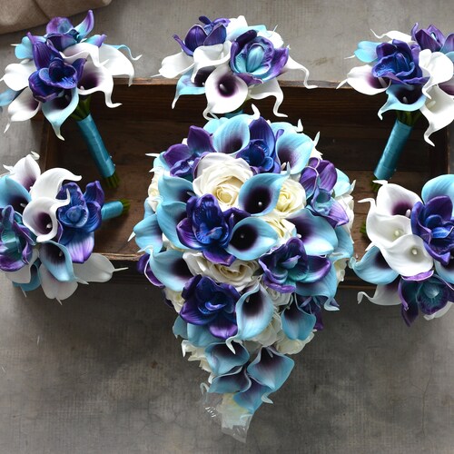 Blue Purple Orchids Callas Bouquets Real Touch Flowers Ivory - Etsy