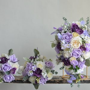 Artificial Lilac Lavender Purple Flowers Bridal Bouquet, Real Touch Roses, Bridesmaids Bouquet, Handmade Bouquet/Boutonniere/Wedding Corsage