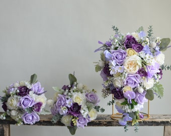 Artificial Lilac Lavender Purple Flowers Bridal Bouquet, Real Touch Roses, Bridesmaids Bouquet, Handmade Bouquet/Boutonniere/Wedding Corsage