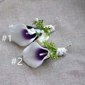 Purple Picasso Calla Lily Boutonniere, Rustic Groom Boutoniere, Pearl Spray, Green Fillers Groom Boutonniere, Artificial Flowers