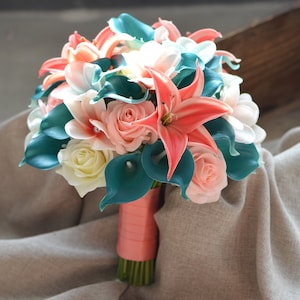 Coral Teal Bridal Bouquets, Calla Lilies Wedding Bouquets, Real Touch Calla Lilies, Plumerias, Roses, Beach Wedding Bouquet
