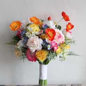 Artificial Wildflower Bridal Bouquet, Colorful Orange Hot Pink Wedding Bouquet, Spring Summer Bouquets, Dahlia, Ranunculus, Poppy, Daisies,