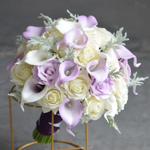 Lilac Bridal Bouquet, Rustic Lavender Silk Bridal Bouquet, Real Touch Calla Lilies, Ivory White Roses