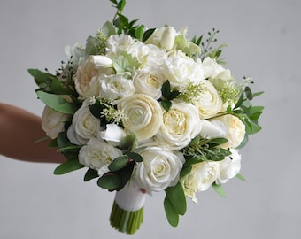 13" Faux Real Touch fleurs blanc/ivoire crème bouquet de mariée bouquets de mariage, roses blanc cassé, renoncule, lisianthus, boutonnières blanches