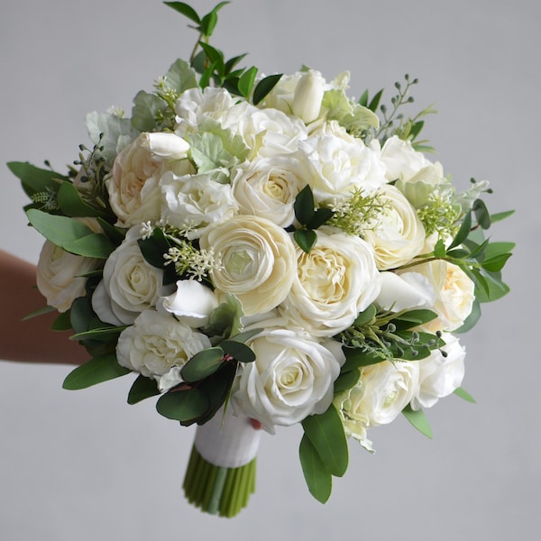 13" Faux Real Touch Flowers White/Ivory Cream Bridal Bouquet Wedding Bouquets, Off White Roses, Ranunculus, Lisianthus, White Boutonnieres