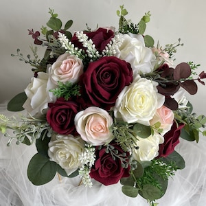 Faux Burgundy Blush And Ivory Wedding Bouquet, Dark Red Bridal Bouquet, Bridesmaids Bouquet, Roses and Eucalyptus, Real Touch Fake Flowers