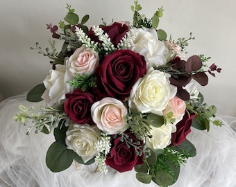 Faux Burgundy Blush And Ivory Wedding Bouquet, Dark Red Bridal Bouquet, Bridesmaids Bouquet, Roses and Eucalyptus, Real Touch Fake Flowers