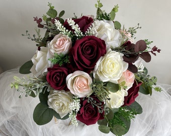 Faux Burgundy Blush And Ivory Wedding Bouquet, Dark Red Bridal Bouquet, Bridesmaids Bouquet, Roses and Eucalyptus, Real Touch Fake Flowers