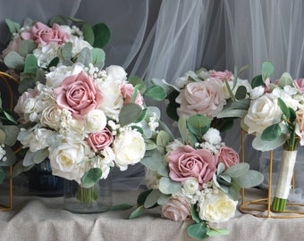 Dusty Pink Rose, Blush, Ivory Cream Bride Bouquet, Real Touch Artificial Roses, Lamb's ears, Boho Bouquet, Eucalyptus Wedding Bouquet